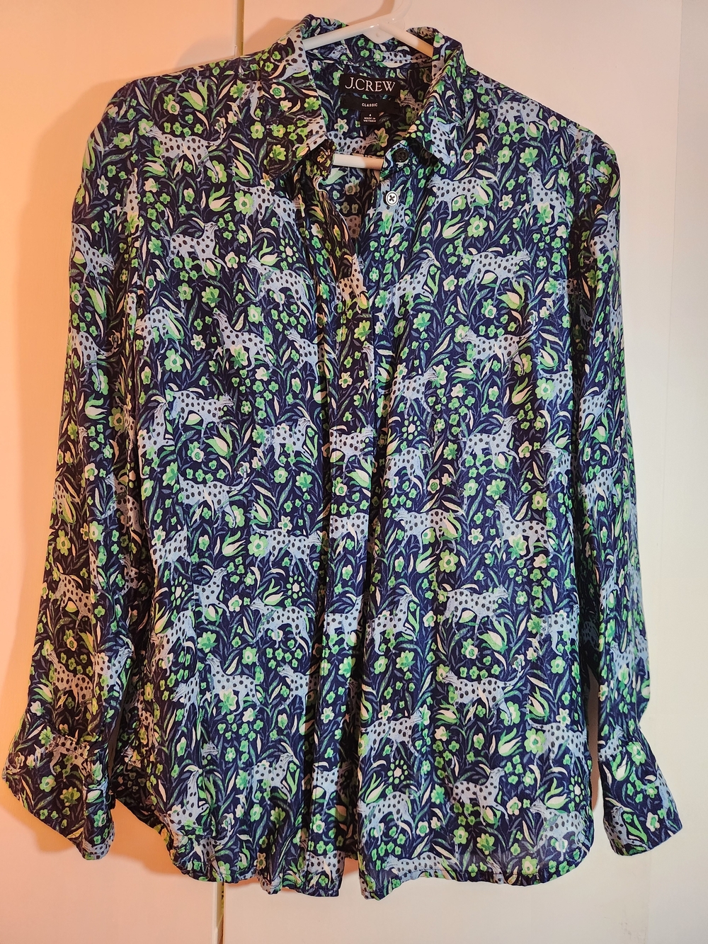 J. Crew Navy Button-Down Shirt with Green and Light Blue Cheetah Floral Print